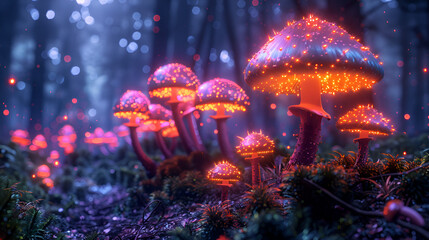 Abstraction Fantastic Mushrooms in a Clearing,
A colorful mushroom forest with a purple background
