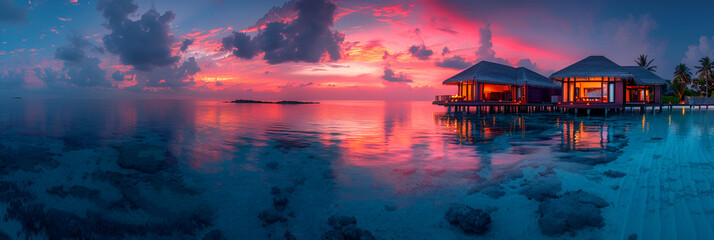 Amazing Sunset Panorama at Maldives Luxury Resortrant,
A mesmerizing photo of vibrant lightning illuminating the night sky showcasing the captivating Sprites and Jets phenomeno