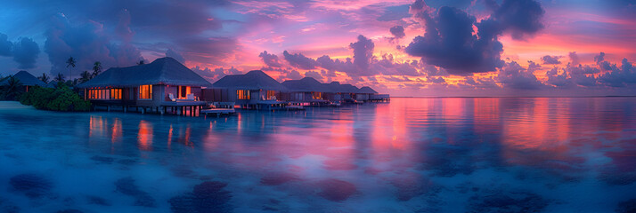 Amazing Sunset Panorama at Maldives Luxury Resortrant,
A painting of houses on a lake with the sun setting behind them.
