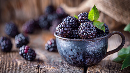 Fresh blackberries rest in a metal cup on a rustic wooden surface.