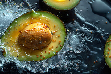 Avocado in Water on a Black Background,
Halved green and avocado pulp on a dark background
