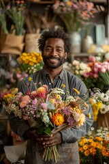 A professional florist, running his flower shop business, happily arranges and sells colorful bouquets