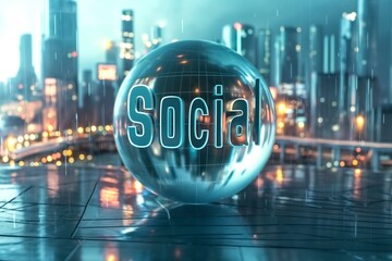 Social in sleek 3D letters on a glass globe against a futuristic cityscape backdrop.