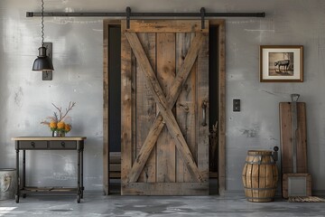 Rustic barn door crafted from reclaimed wood, sliding on a black iron track.