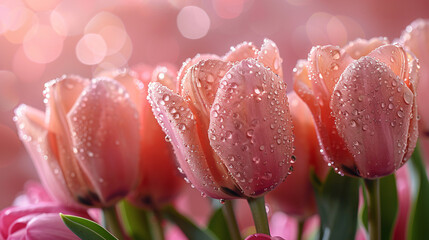 pink tulips with drops of water and a rose on pink background
