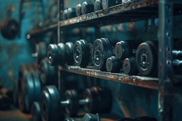 A row of weights are on a rack in a gym. The weights are black and appear to be old