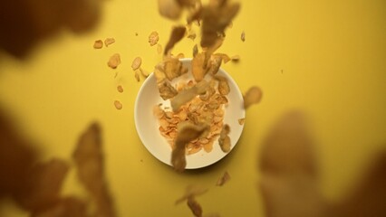 Top view of dropping cereal in bowl of milk with yellow background. Slow motion of cornflakes...