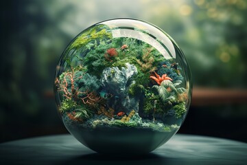 Stunning 3D logo in the shape of a glass globe showcasing diverse ecosystems from around the world