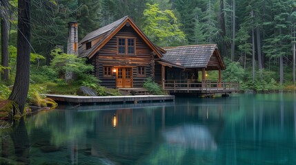 Fototapeta na wymiar Rustic Log Cabin by a Serene Lake, Wooden Dock, Surrounded by Dense Forests, Perfect Escape