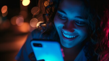Young woman texting on her cell phone at night - using addictive social media / technology