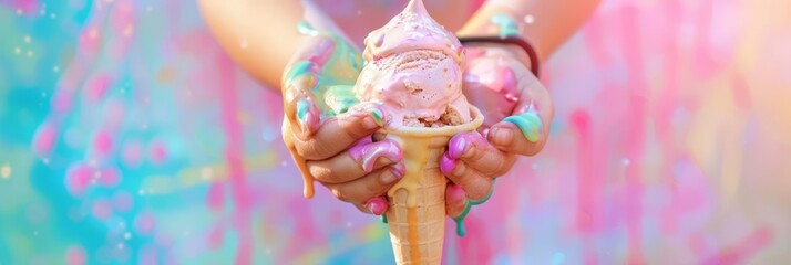 Ice cream melts quickly under the summer sun, dripping vibrant, pastel tones onto a giggling child...