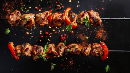 Grilled shish kebab on skewers on a black background