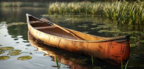 Canoe on a glassy lake reflecting clouds at sunrise.