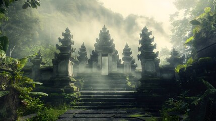 Hidden temple in misty morning