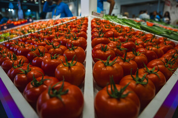 organic red tomatoes on the exhibition stand view 