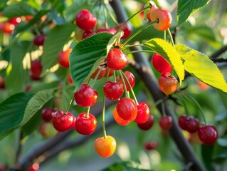 Cluster of ripe cherries on a sunlit branch.