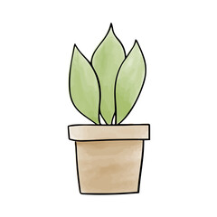 Plant in a pot. Watercolor doodle element. Vector illustration.
