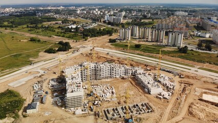 Construction of apartment buildings in Belarus. Drone view.