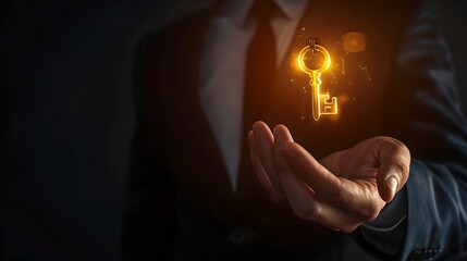 Businessman with a glowing key in hand symbolizing solution and success. Conceptual image for innovation, leadership, and strategy. Ideal for corporate and technology themes. AI