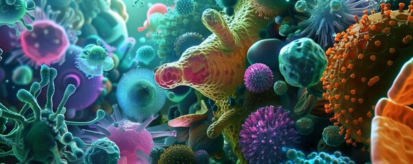 Fototapeta premium Microscopic organisms expand to fill a giant screen, turning a biology lesson into a captivating journey through cellular structures, background concept