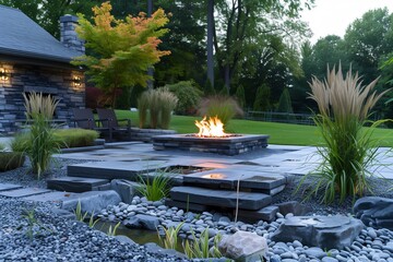 Serene backyard oasis featuring a natural stone patio with a built-in fire pit, surrounded by lush, low-maintenance landscaping.