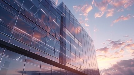 a glass building with clouds in the sky