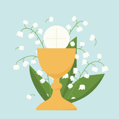 holy communion chalice and ily of the valley flowers; design element for first holy communion invitations and greeting cards - vector illustration
