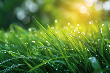Close-up of Dew-covered Grass Glistening with Moisture ,
Beautiful green grass dew droplet
