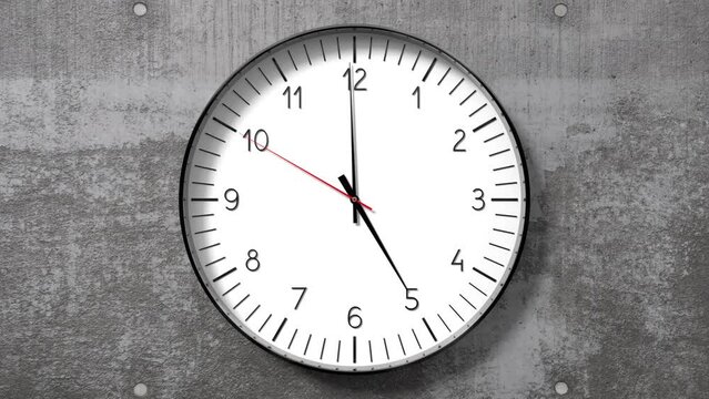 Classic clock on concrete wall showing 5 o clock - 3D 4k animation (3840 x 2160 px)
