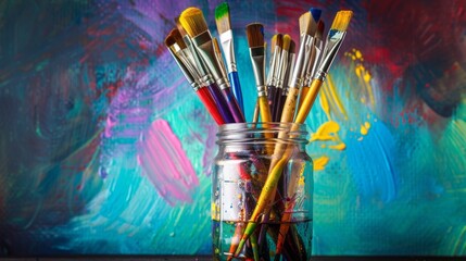 Fototapeta premium Mason Jar with Colorful Paintbrushes.