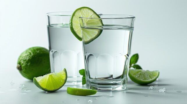 Two Glasses of Water With Limes and Mints.