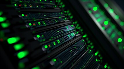 Obraz premium Futuristic background image of rack server with flashing lights in supercomputer, copy space