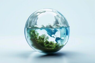 Crystal-clear 3D logo representing global environmental awareness with intricate details of land, sea, and sky