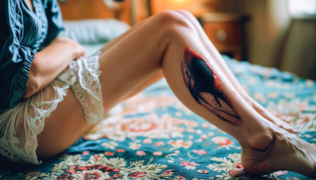 Body part - female leg with open wound. Generative AI