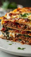 delicious meat lasagna with fresh basil leaves close up