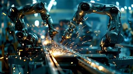 Industrial robot arms welding in a factory. Precision machinery at work displaying automation technology. Conceptualizing the future of manufacturing. AI