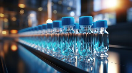 In the laboratory there are bottles with a blue reagent in a row.