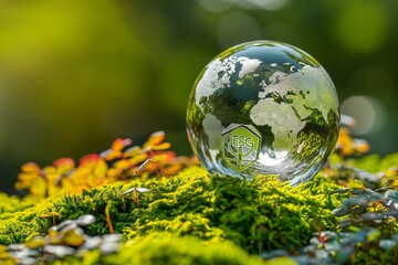 ESG emblem reflected on crystal globe atop vibrant moss, epitomizing environmental stewardship.