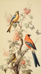 Vintage drawing of birds painting animal branch.