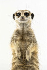 A meerkat is upright on its hind legs, displaying its characteristic alert stance in its natural habitat