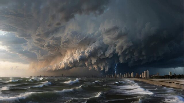 Ominous storm clouds looming over a turbulent sea. Generative AI Video.