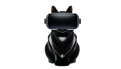 Stealthy cat in VR headset, PNG, clear background, ideal for technology and animal themes.