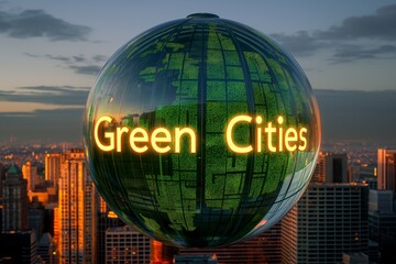 Green Cities illuminated on a glass globe against a city skyline at dusk.