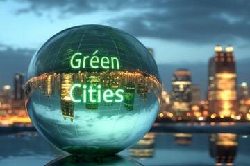 Green Cities illuminated on a glass globe against a city skyline at dusk.