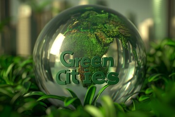 Green Cities showcased in sleek 3D lettering on a glass globe, with vibrant greenery sprawling beneath.