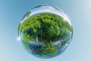 Glass globe 3D logo reflecting lush green forests and flowing rivers under clear blue skies