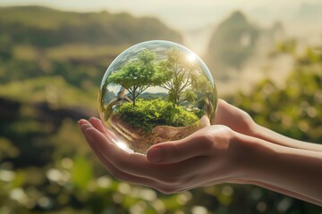 Hands enveloping a 3D glass sphere housing a thriving miniature forest, set against a backdrop of blurred verdant landscapes, symbolizing environmental vitality.