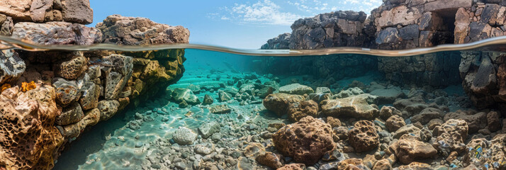 Rocks scattered on the seabed with clear water flowing over them, creating a serene underwater scene