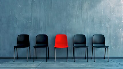 Row of chairs against a concrete wall, one red chair stands out among black. Modern minimalist design. Simplicity and difference concept. AI