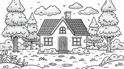 A simple line art of a small house surrounded by trees
